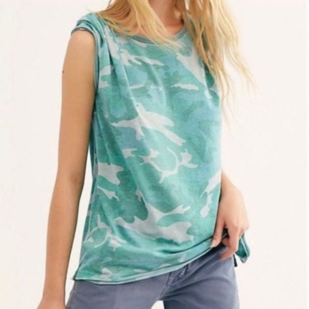 Free People Teal Combo Camo Camouflage Raw Hem